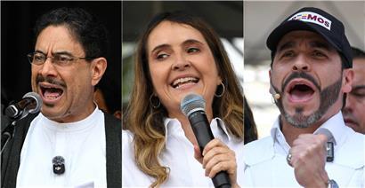 Präsidentschaftskandidaten Ivan Cepeda, Paloma Valencia und Abelardo de la Espriella bei Wahlkampfveranstaltung, Porträts nebeneinander