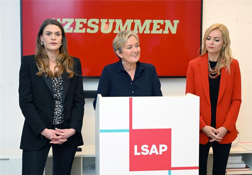 (V.l.n.r.:) Maxime Miltgen, Paulette Lenert und Taina Bofferding setzten sich bei einer Pressekonferenz für mehr Rechte bei Schwangerschaftsabbrüchen ein
