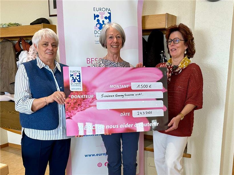 Drei Frauen bei Veranstaltung: Monique Dondelinger, Mariette Fischbach und Nelly Tessaro, Präsidentinnen und Kassiererin Senioren-Gemeng Suessem