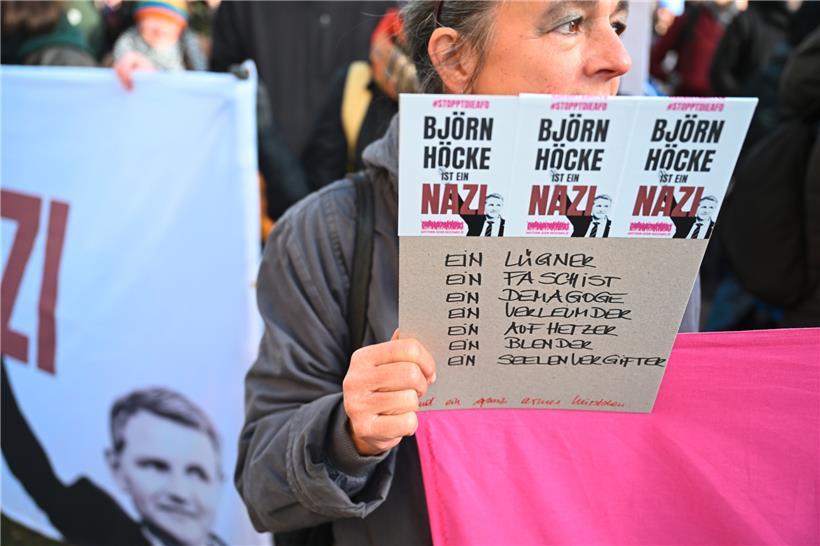 Vor dem Gerichtsgebäude äußerten Demonstranten vor Prozessbeginn gegen Bernd Höcke sehr treffende Ansichten über den Angeklagten
