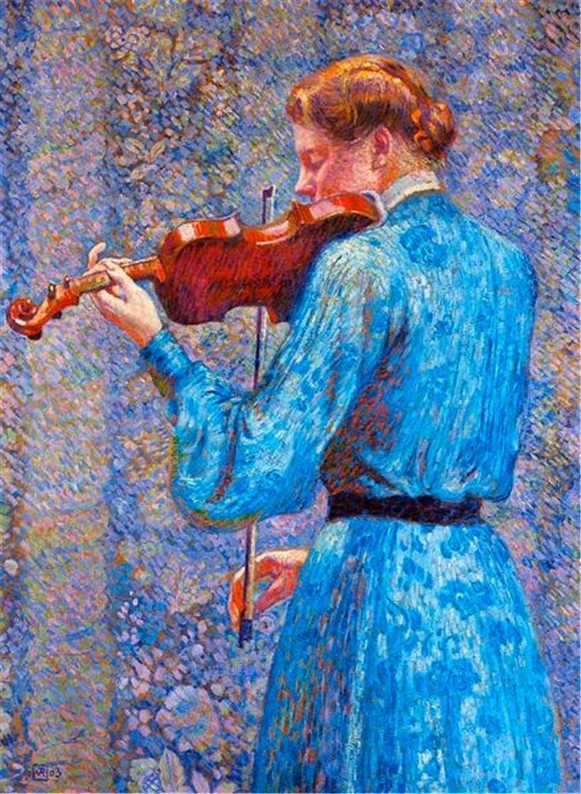 Was dieses Bild – „Marie-Anne Weber au violon“ von Théo van Rysselberghe (Öl auf Leinwand, 1903, Privatsammung) – mit der Serie „Atelier MuGi.lu“ zu tun hat, erfahren Sie bald
