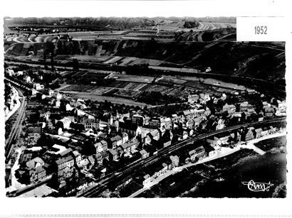 Wasserbillig im Jahr 1952: Zwischen den Häusern und der Sauer lagen Baumschulen und Rosenfelder. Heute ist das Gelände bebaut. An die frühere Nutzung erinnert die rue des Pépinières