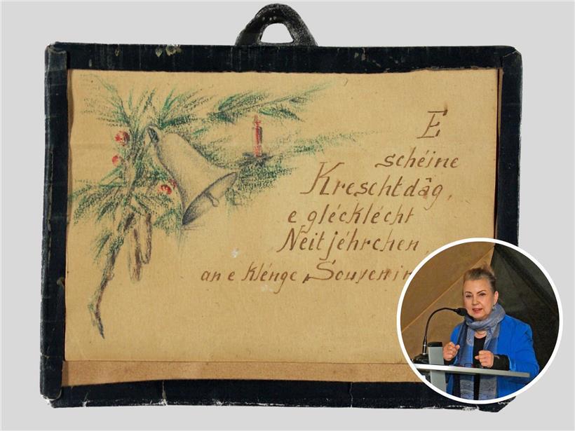 Weihnachtskarte für Luxemburger Mitgefangene, gezeichnet von Lily Unden, Buntstift auf ausrangiertem Büropapier, 1944 im KZ Ravensbrück