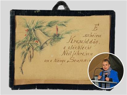 Weihnachtskarte für Luxemburger Mitgefangene, gezeichnet von Lily Unden, Buntstift auf ausrangiertem Büropapier, 1944 im KZ Ravensbrück