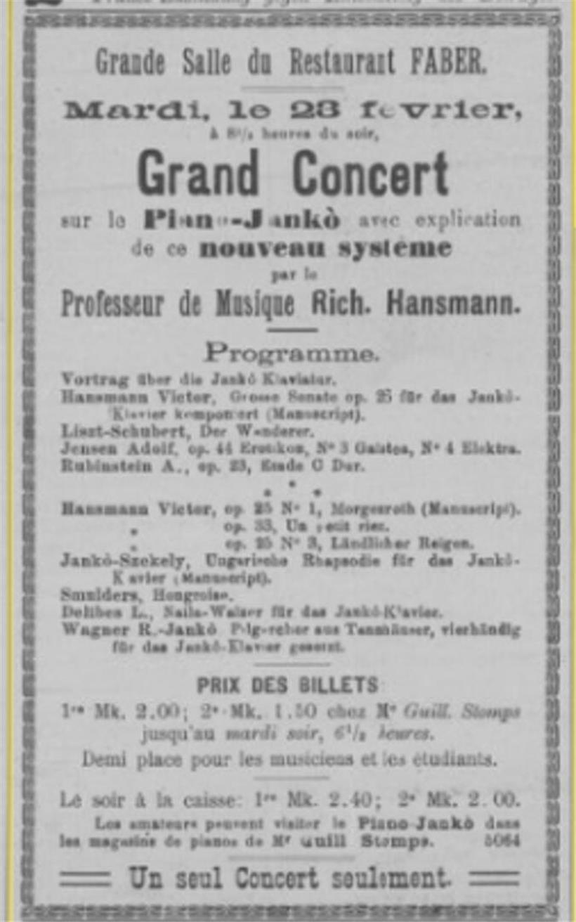 Werbeplakat für Konzert im Faber-Restaurant 1897 mit Veranstaltungsdatum und musikalischer Atmosphäre