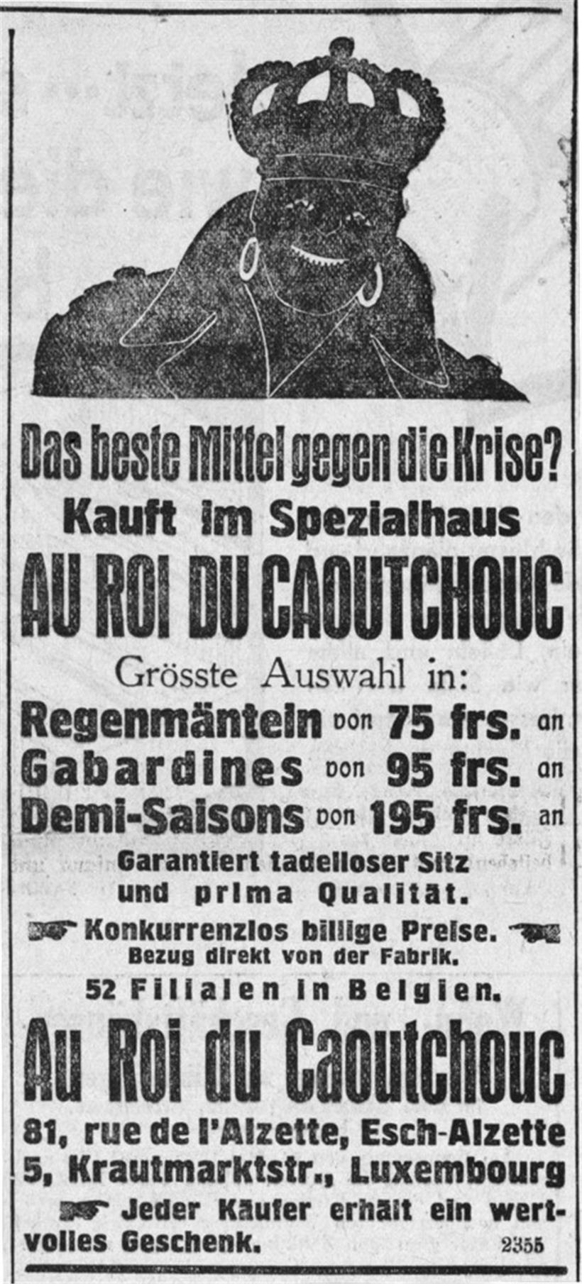 Werbung für das Kleidergeschäft „Au roi du caoutchouc” in der Alzettestraße, wo Berthe Hartoch von 1933 bis 1937 arbeitete
