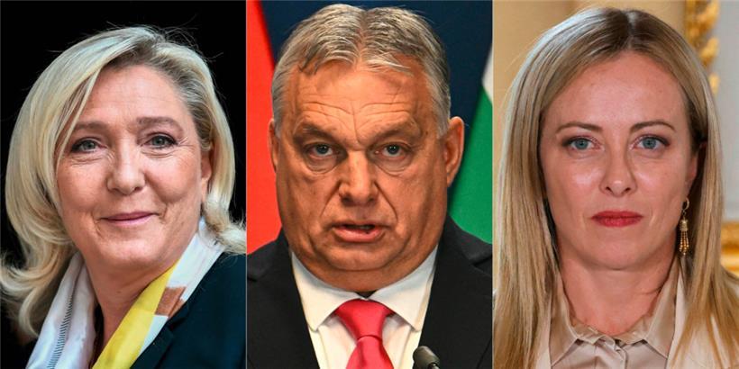Werden die drei  – (v.l.) Marine Le Pen, Viktor Orban, Giorgia Meloni – nach den Europawahlen am Sonntag in der Europäischen Union den Ton angeben?
