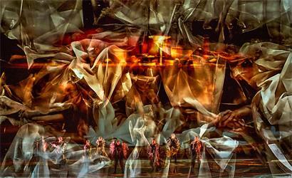 Wie im Fiebertraum: Szene aus „Das Rheingold“ aus dem Ring der Nibelungen von Richard Wagner, bei den 150. Bayreuther Festpielen mit KI inszeniert