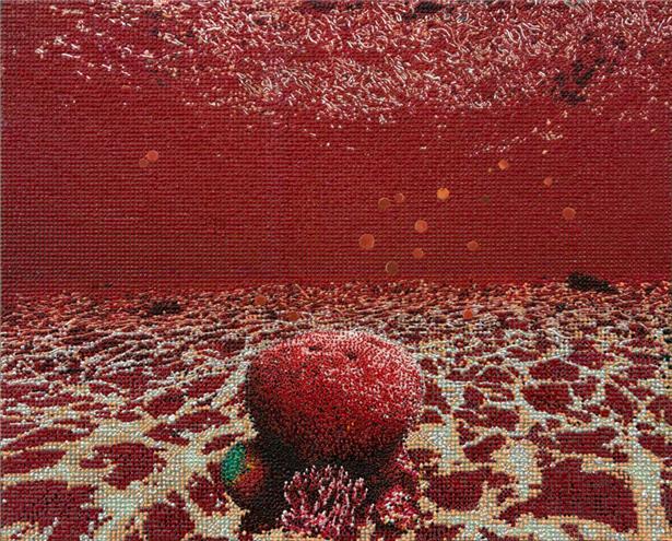 Wird in Luxemburg zu sehen sein: das Gemälde „Red Coral Dome. A Story of Love“ (2025) von Samira Hodaei
