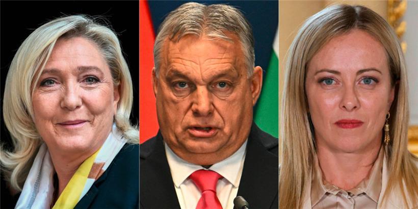 (v.l.) Marine Le Pen, Viktor Orban und Giorgia Meloni: Die Rechtsextremen und Rechtspopulisten in der EU könnten nach den Wahlen am Sonntag neue Bündnisse eingehen
