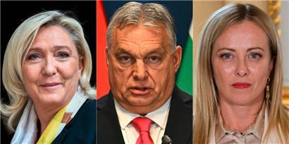(v.l.) Marine Le Pen, Viktor Orban und Giorgia Meloni: Die Rechtsextremen und Rechtspopulisten in der EU könnten nach den Wahlen am Sonntag neue Bündnisse eingehen
