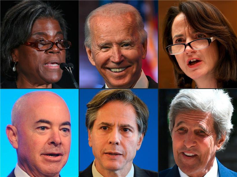 (von oben links bis unten rechts) Linda Thomas-Greenfield, Joe Biden, Avril Haines, Alejandro Mayorkas, Antony Blinken und John Kerry
