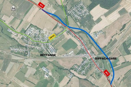 Verlauf der geplanten Umgehungsstraße der N13 in Dippach-Gare
