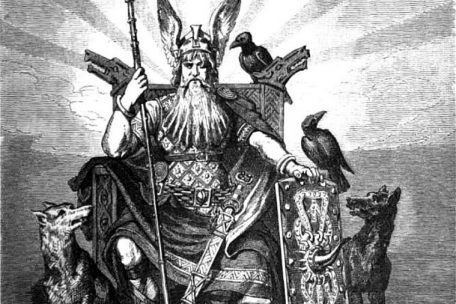 Odin mit den beiden Wölfen Geri und Freki in einer Darstellung von Carl Emil Doepler (1882)