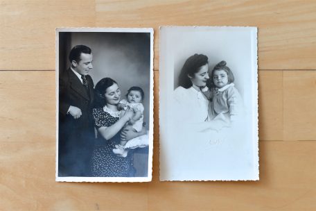 Das linke Foto ist 1940 beim bekannten Escher Fotografen Ernest Groof entstanden. Darauf ist Jean-Pierre Grober, seine Frau Maria und Tochter Olga zu sehen. Daneben sind Maria und Olga zusammen abgebildet.