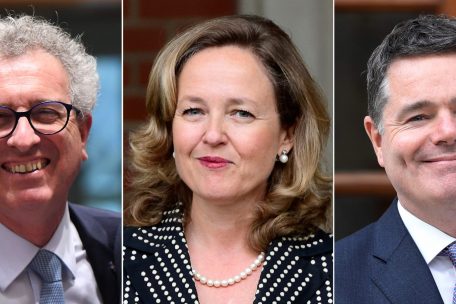 Pierre Gramegna (links), Nadia Calvino und Paschal Donohoe kandidieren für den Posten des Eurogruppen-Chefs.