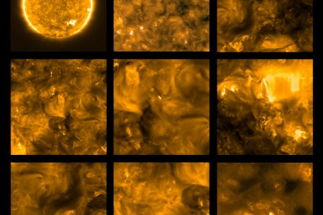 Diese Bilder zeigen das Aussehen der Sonne im extremen ultravioletten Bereich des elektromagnetischen Spektrums. Aufnahmen bei diesen Wellenlängen zeigen die obere Atmosphäre der Sonne, die Korona, mit einer Temperatur von etwa 1 Million Grad.