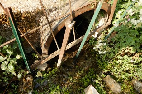 Nicht weit entfernt vom Weiher verschwindet das Wasser in einem verrosteten Rohr
