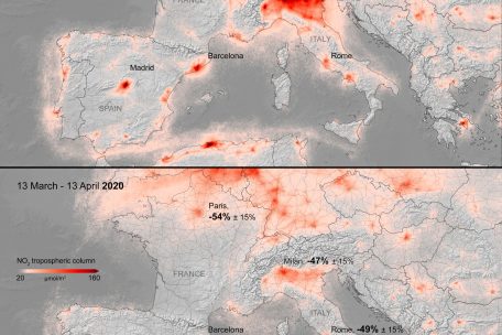 Während des Lockdowns sind die NO2-Werte in Europa gesunken, wie auf Satellitenbildern zu sehen ist