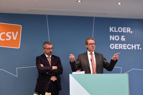 CSV-Generalsekretär Felix Eischen (r.) und Parteipräsident Frank Engel auf einer Pressekonferenz Ende 2019