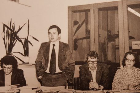 Versammlung des „Comité national d’action pour un moratoire“ 1976 (v.l.n.r.): Théid Faber, Claude Wehenkel, Norbert Stomp und Elisabeth Kox-Risch