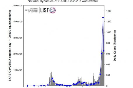Zwischen der Zahl der gemeldeten Corona-Infektionen (graue Balken) und den Werten, die in den Kläranlagen gemessen werden (blaue Linie), besteht eine große Übereinstimmung. Die neueste Grafik der LIST-Forscher zeigt einen Rückgang der Konzentration der Viren-RNA.
