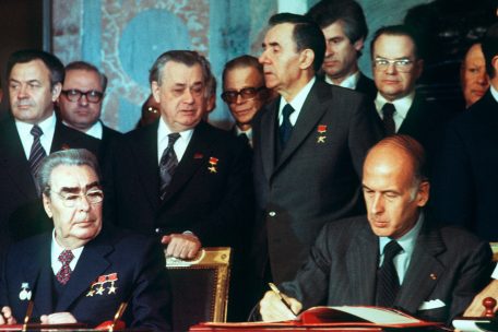 Avec Léonid Brejnev, dirigeant de l’URSS, en 1977