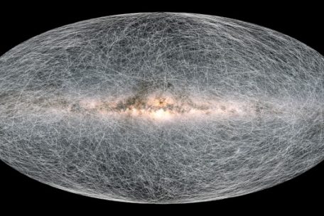 Unsere Milchstraße. Die hellen Striche zeigen die Bewegungen von Sternen über 400.000 Jahre hinweg.