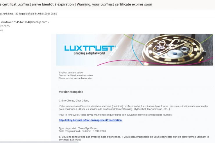 Phishing-Mails im Namen von LuxTrust / Betrüger täuschen Unternehmenskommunikation vor
