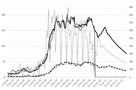 In der vorliegenden Grafik wurde mit einem Reproduktionsfaktor von 1,8 während der beiden Weihnachtsfeiertage gerechnet. Die Auswirkungen auf die Hospitalisierungen im Januar sind deutlich zu erkennen.