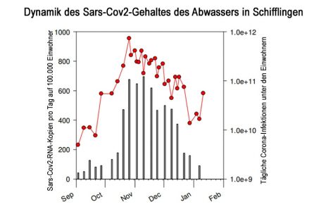 Schwankung oder ein Trend, der sich festigt? Die Werte für Schifflingen werden besonders beobachtet (rote Punkt-Linie: Virenaufkommen, graue Säulen: Infektionen unter den Einwohnern in Mittelwerten / Quelle: Luxembourg Institute of Science and Technology, Beschriftung übersetzt durch Tageblatt.lu)
