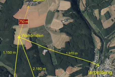 Die Distanzen zwischen dem geplanten Standort auf der Hasenbach („Wandmillen“) und den Wohnvierteln