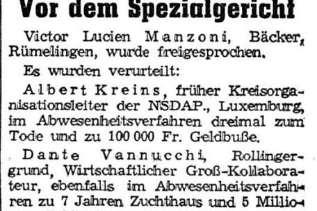 Dreifaches Todesurteil von Albert Kreins, einem der schlimmsten Luxemburger Antisemiten und Nazi-Kollaborateure, bekannt gegeben im „Luxemburger Wort“ am 5.5.1949