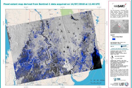 Eine mit dem Programm des LIST erzeugte Karte zeigt das Ausmaß der Überschwemmungen in Myanmar im Juli 2018