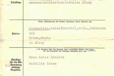 Auszug aus dem Taufregister der zweiten Tochter von Martin A. Seine Religionszugehörigkeit: katholisch, nicht jüdisch.