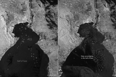 Links der 21. März, rechts der 25.: Bilder der Europäischen Raumfahrtagentur ESA zeigen den Schiffsstau  