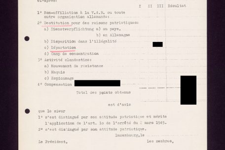 Eines der Bewertungsformulare aus dem Nationalarchiv. Die eingetragenen Punkte wurden verdeckt. Formular zur Bestimmung des Auszeichnungsgrades für eine unbekannte Person, ca. 1946.