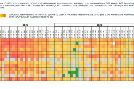 Grad der SARS-CoV-2-Kontamination jeder analysierten Kläranlage in Luxemburg