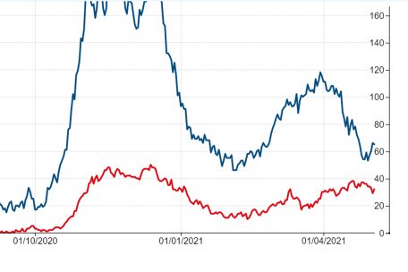 Ausschnitt aus der offiziellen Statistik: Die Anzahl der belegten Intensivbetten (rot) und der normalen Betten (blau) durch Corona-Patienten in Luxemburger Krankenhäusern. Zumindest eine Linie wandert seit einem Monat wieder klar nach unten. 