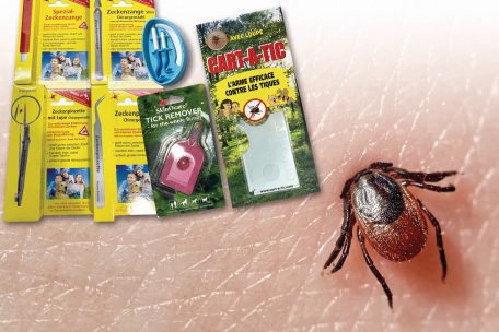 In der Apotheke gibt es eine Auswahl an kleinen Werkzeugen, womit die Zecke entfernt werden kann. Falls dies nicht klappt und ein Teil des Körpers der Zecke in der Haut bleibt, sollte ein Arzt aufgesucht werden.