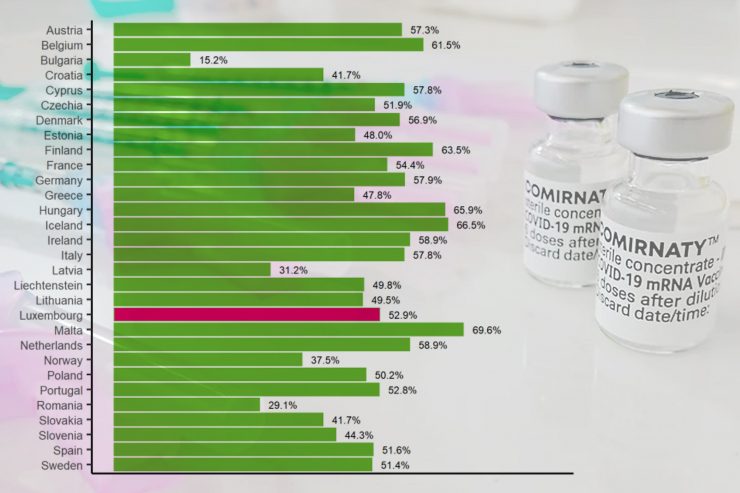 Ausschnitt aus der ECDC-Statistik: Quoten der erfolgten Erstimpfung bei den EU-27-Mitgliedern (Menschen über 18 Jahre, Stand: 13.6.2021)