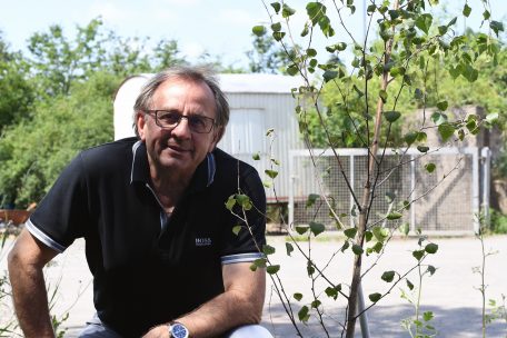 Schöffe André Zwally posiert vor der Birke, die zuvor auf der Dampflok wuchs