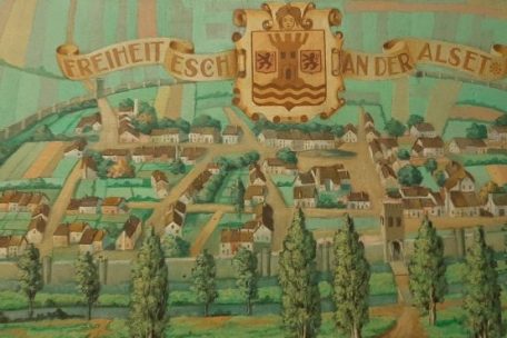 Gemaltes Bild der befestigten Stadt Esch im Jahr 1570