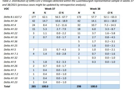 Die Verteilung des Coronavirus, das in der für Luxemburg repräsentativen Probe der 37. und 38. Kalenderwoche nachgewiesen wurde.