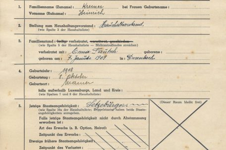 Fragebogen der Personenstandsaufnahme von 1941: Relevant waren vor allem die Fragen Nummer fünf, sieben, acht und neun