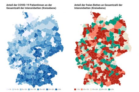 Die aktuellen Grafiken des Robert-Koch-Instituts zeigen links den Anteil der Coronapatienten unter den Intensivpatienten, rechts wird der Belegungs-Notstand der Stationen gezeigt (fgg)