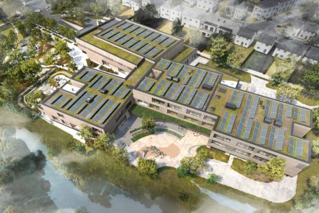 Nachhaltigkeit ist Trumpf bei der neuen Schule. Deshalb ist in dem rund 59 Millionen Euro teuren Projekt auch eine Fotovoltaikanlage auf dem Dach vorgesehen.