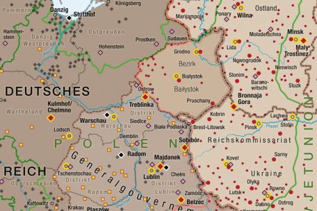 Rote Punkte: Massenerschießungen von Juden; rote Raute, gelb umrandet: Vernichtungslager
