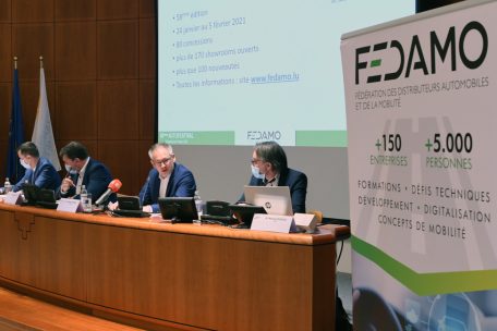 Man sollte sich 2022 vor übertriebenem Optimismus hüten, war auf der Fedamo-Pressekonferenz zu hören (v.l.n.r.): Michel Louro (Fedamo), Marc Devillet (Fedamo) Philippe Mersch (Fedamo) und Manuel Ruggiu (SNCA)