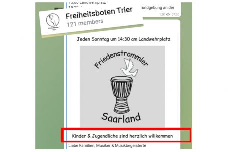 In einer deutschen Telegram-Gruppe wird vor einer Demo zum Trommeln aufgerufen (Hervorhebung durch tageblatt).